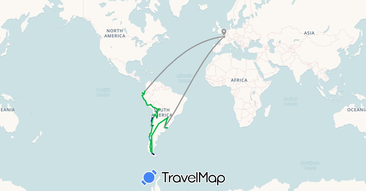 TravelMap itinerary: driving, bus, plane, hiking, boat in Argentina, Bolivia, Chile, Ecuador, France, Peru, Uruguay (Europe, South America)